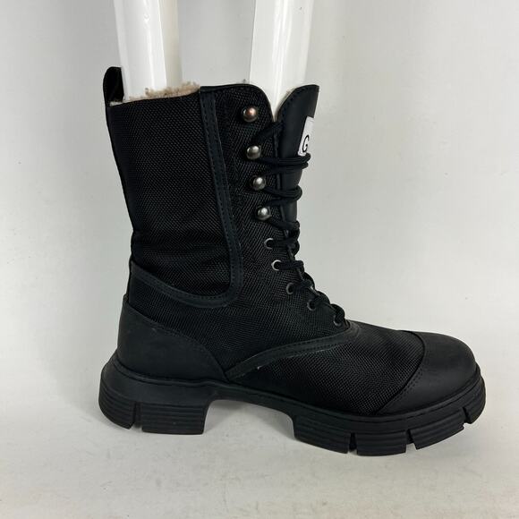 Ganni Combat Boots Women's 9 Black Polyester Faux Shearling-Lined Lace-Up - Picture 3 of 10